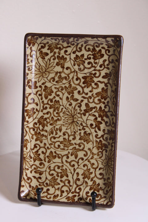 Vintage Brown Floral Scroll Plate and Bowl Set Japanese Style Decorative Serveware