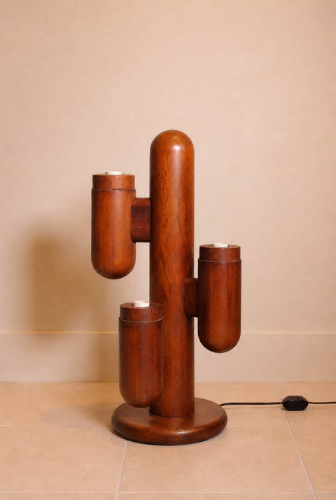 Vintage 1970s Modeline Solid Walnut Cactus | Sculptural Postmodern Wood Table Lamp