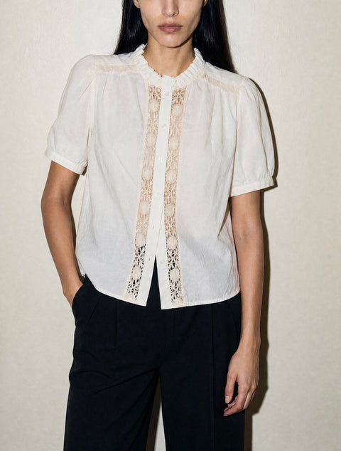 1520 Embroidered Lace Short Sleeve Button-Up Blouse