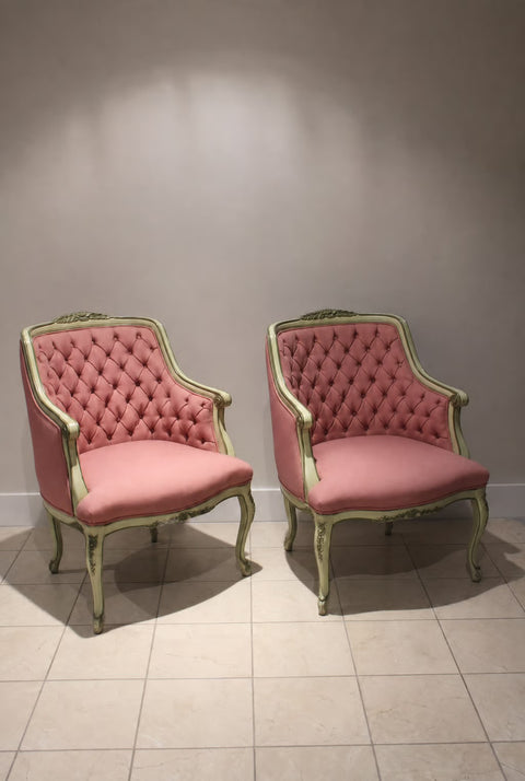 Vintage French Provincial Pink Tufted Parlor Chairs (Pair) | Hollywood Regency Accent Chairs