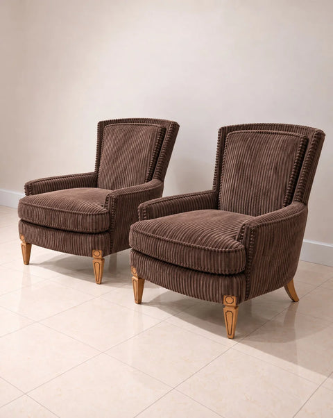 Brown Corduroy Upholstered Armchairs with Carved Legs – Pair
