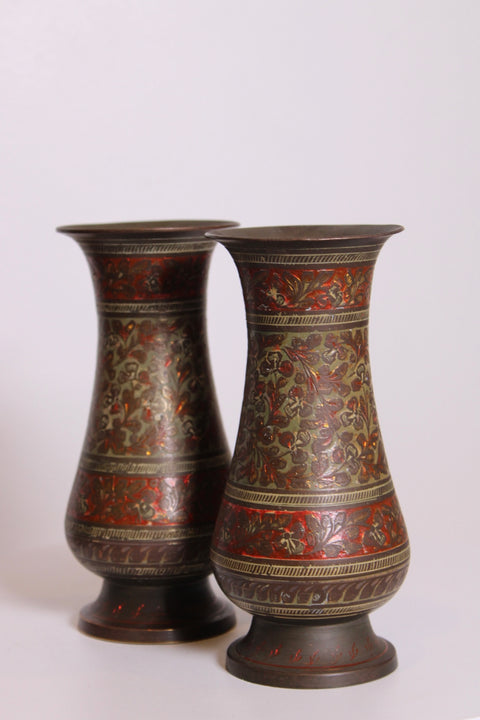 Pair of Red Floral Brass Vases