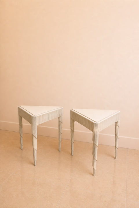 Vintage Pair of Cream Fluted Carved Side Tables