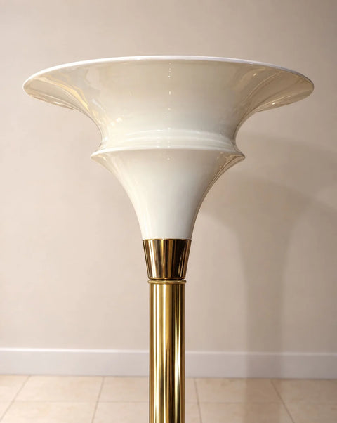 Pair of Brass-Tone Art Deco Torchiere Floor Lamps with White Shades