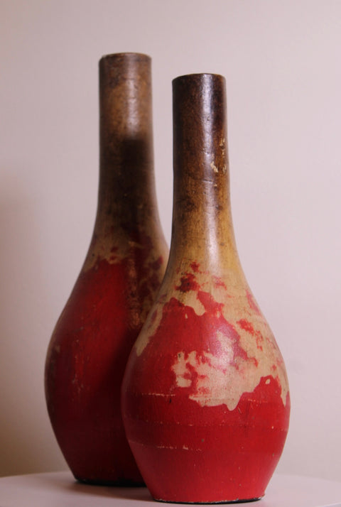 Pair of Primitive Red Wooden Decorative Vases