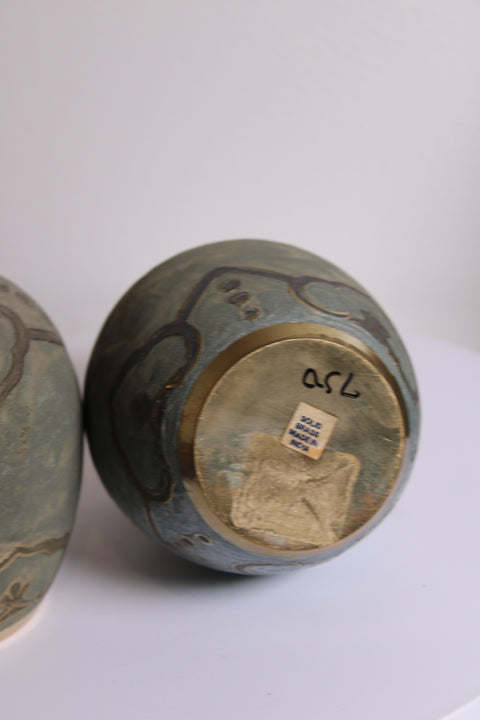 Pair of Vintage Brass & Enamel Teal Green Baroque Vases