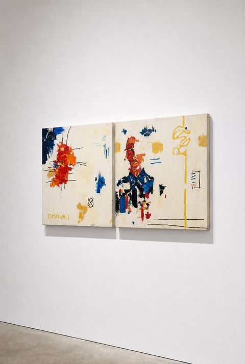 Vintage Abstract Diptych Painting – Primary Color Mixed Media Canvas Wall Art