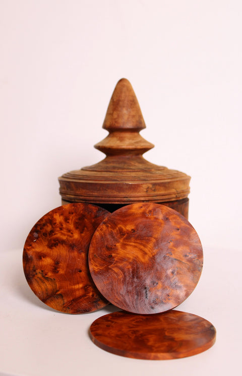 Burl Wood Coaster Set with Lidded Holder