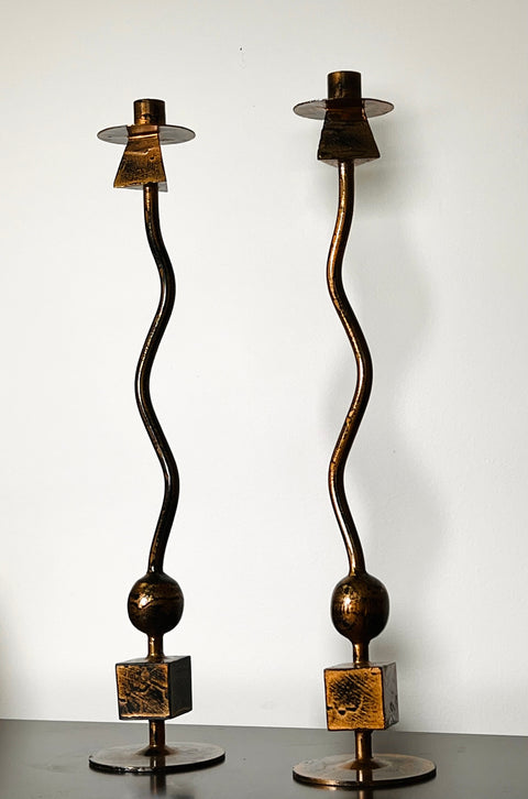 Vintage Pair of Gold Heavy Cast Iron Candle Stick