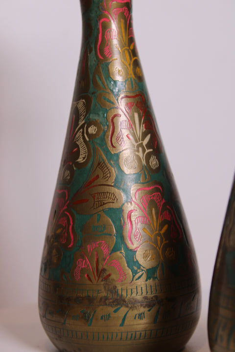 Pair of Painted Brass Floral Vases