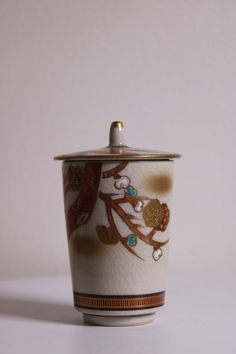 Vintage Japanese Lidded Porcelain Tea Cup with Bird & Blossoms