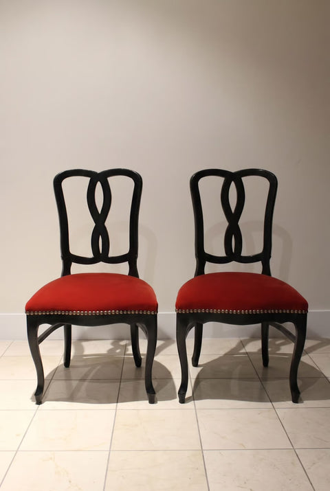 Vintage Black Ribbon Back Dining Chairs with Red Upholstery (Pair)