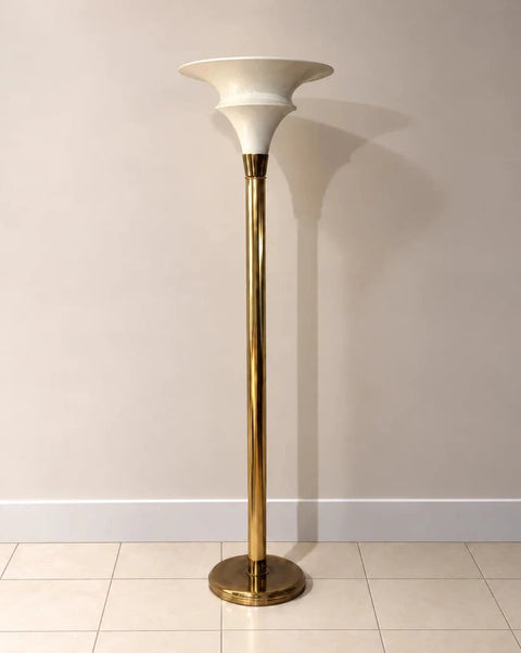 Pair of Brass-Tone Art Deco Torchiere Floor Lamps with White Shades