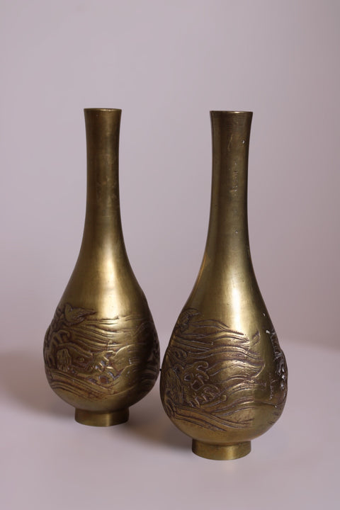 Pair of Etched Brass Bottle Vases