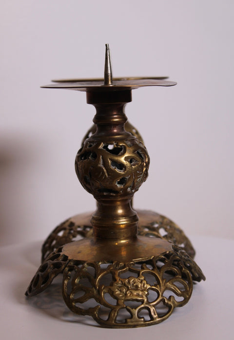 Pair of Floral Engraved Brass Candlesticks