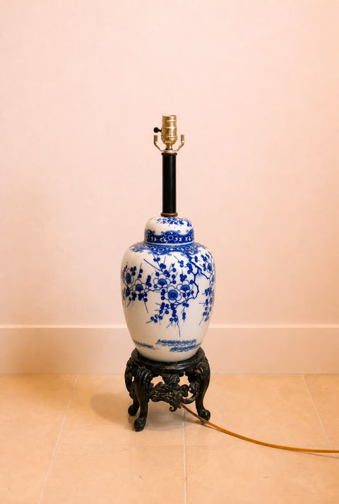 Vintage Blue & White Cherry Blossom Porcelain Ginger Jar Table Lamp