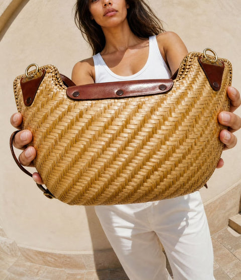 Woven Straw Crescent Shoulder Bag with Brown Trim