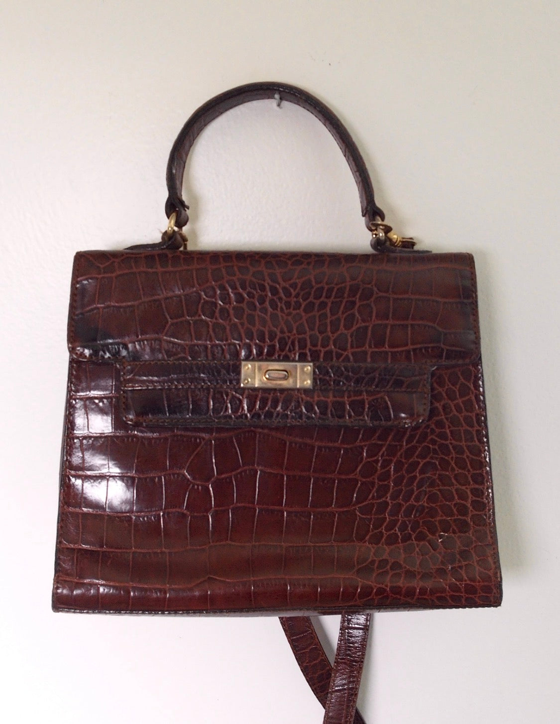 Pre Owned Dark Brown Crocodile-Embossed Leather Flap Bag | Gold Turn-Lock Closure | Structured Kelly Style Top Handle Handbag (Vintage 1980s)