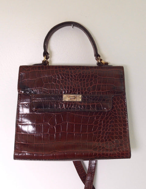 Pre Owned Dark Brown Crocodile-Embossed Leather Flap Bag | Gold Turn-Lock Closure | Structured Kelly Style Top Handle Handbag (Vintage 1980s)