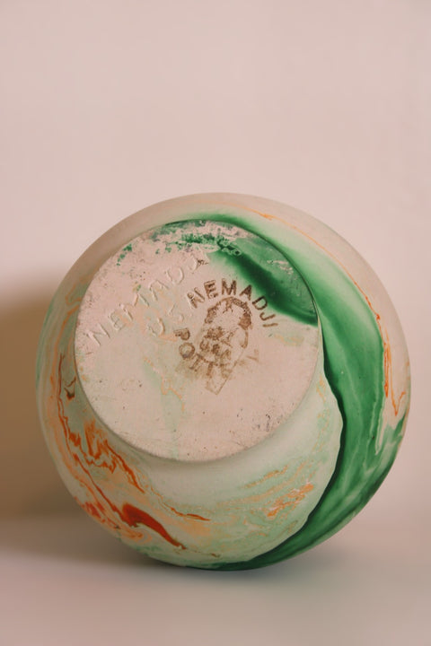 Vintage Nemadji Pottery Tall Bottle Vase Green Marble Swirl Clay