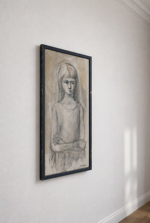 Vintage Framed Charcoal Portrait of a Young Woman