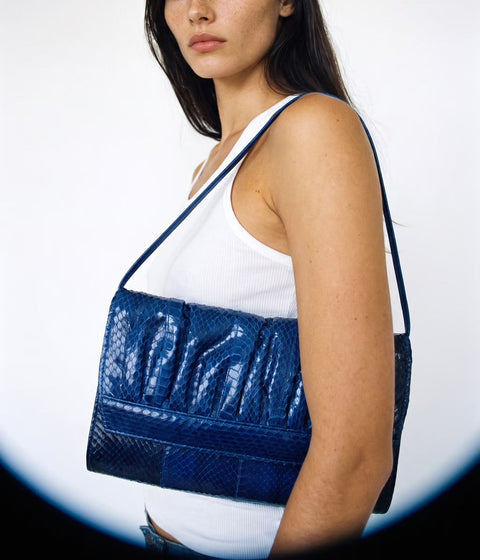 Blue Reptile-Texture Leather Shoulder Bag