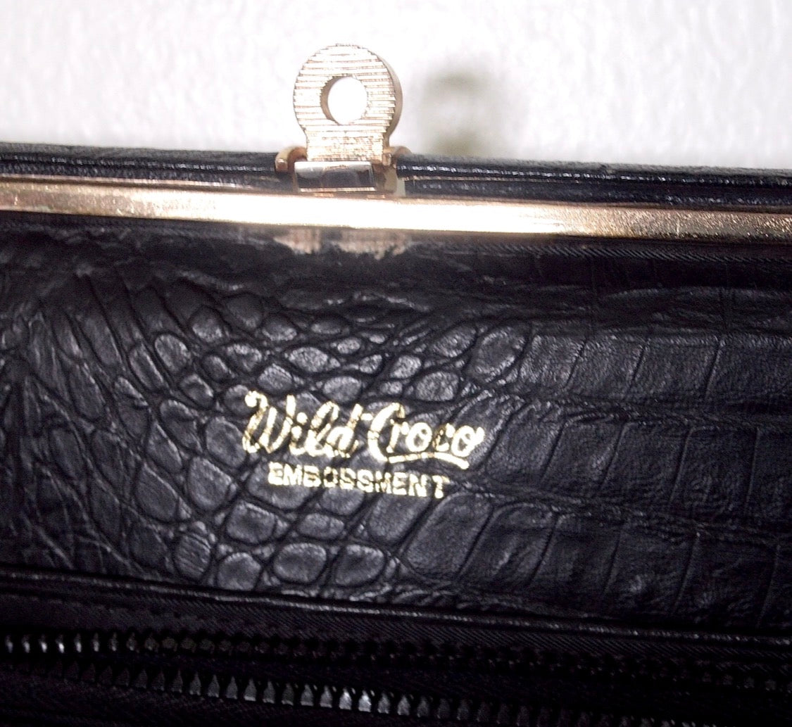 Pre Owned Black Genuine Crocodile-Embossed Leather Frame Bag | Wild Croco Embossment | Gold Hardware Kiss-Lock Handbag (VIntage)