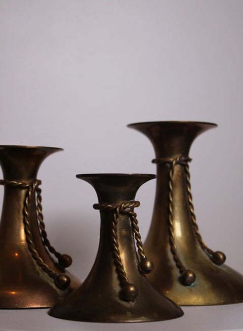 Vintage Set of Three Brass Rope Tassel Candle Holders