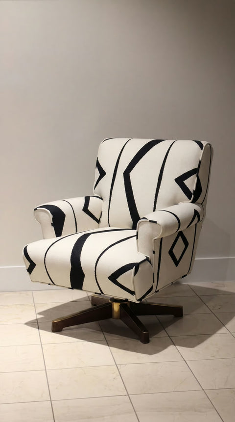 Vintage 1950s Black and White Tribal Swivel Club Chair