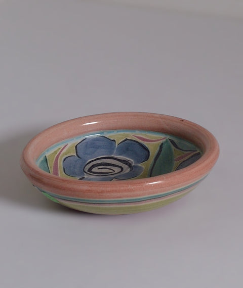 Vintage Mexican Hand-Painted Blue Floral Pottery Bowl | Folk Art Ceramic Dish