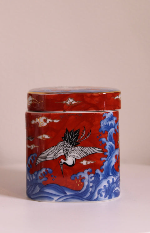 Red Crane Porcelain Covered Box