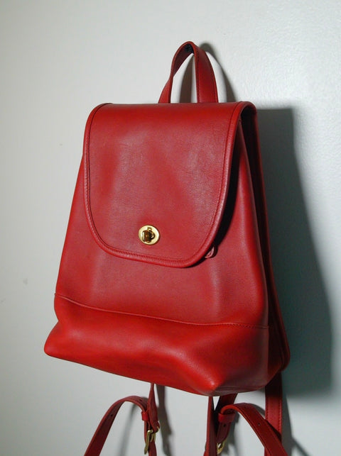 Pre Owned Coach Red Leather Mini Backpack | Gold Turn Lock Closure | Minimal Structured (Vintage)