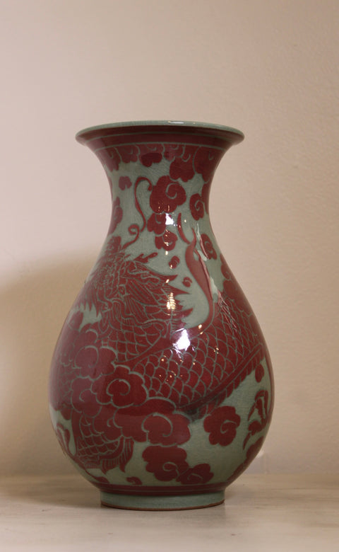 Vintage Red and Celadon Dragon Phoenix Porcelain Vase