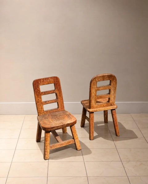 Rustic Primitive Wood Side Chairs with Cutout Backs – Pair