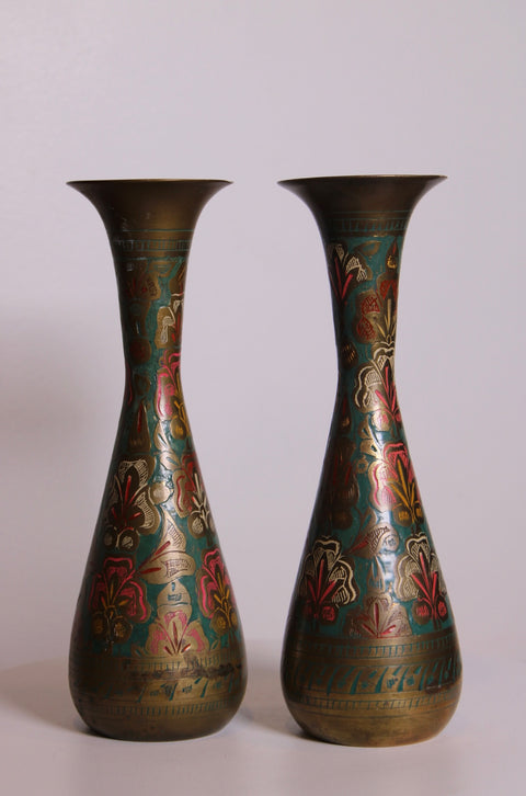 Pair of Painted Brass Floral Vases