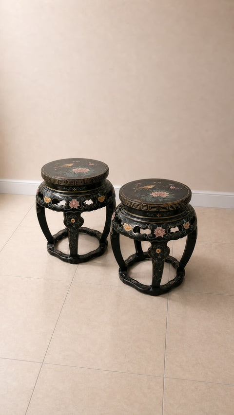 Pair Antique Hand Carved Asian Side Tables