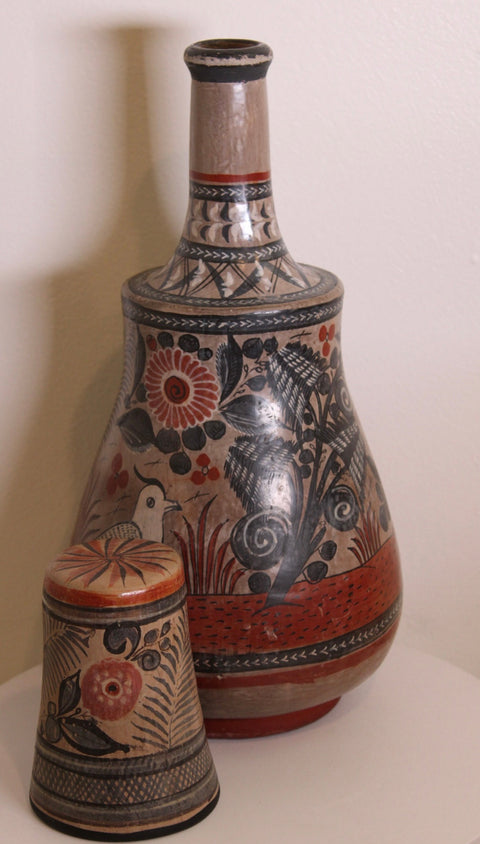Large Tonala Bird Floral Lidded Vessel