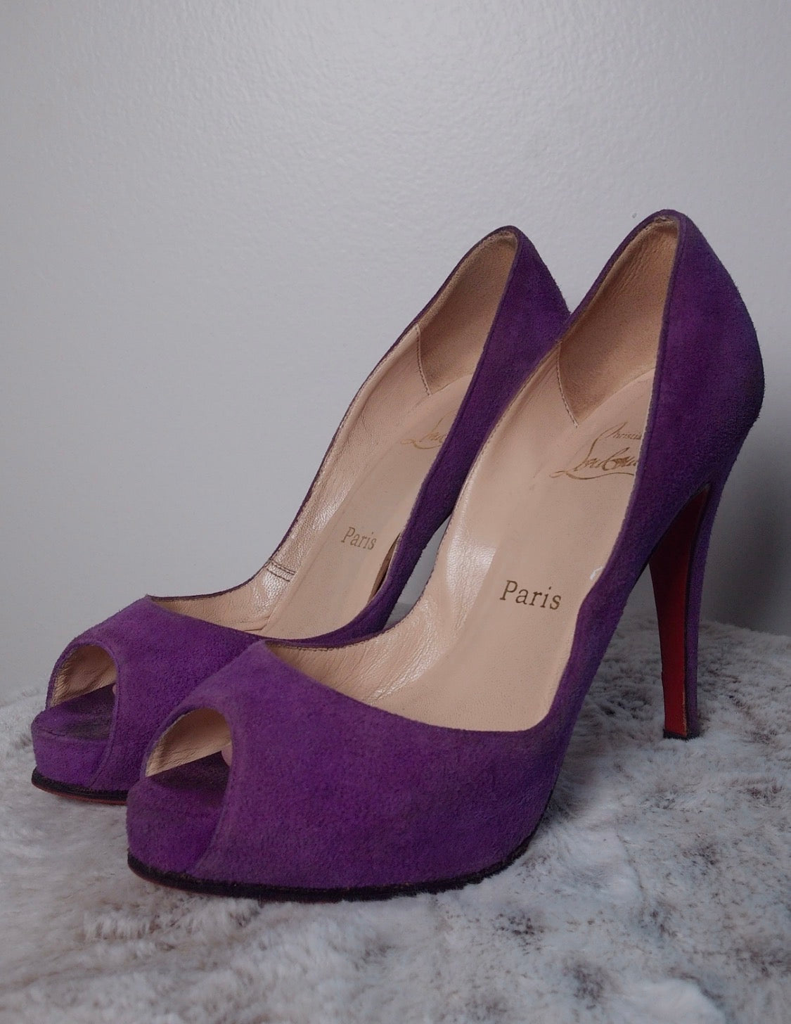 Pre Owned Christian Louboutin Purple Suede Peep Toe Heels | Red Sole Classic Pumps | Designer Statement Shoes
