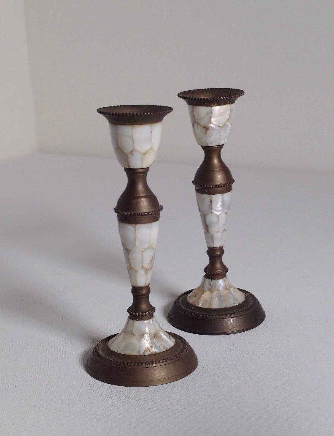 Pair of Abalone & Brass Candlestick Holders – Vintage