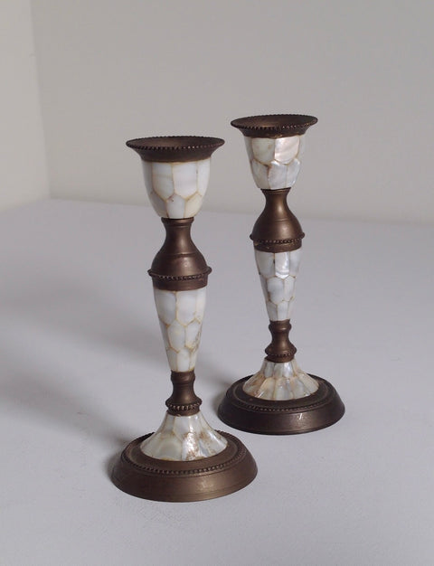 Pair of Abalone & Brass Candlestick Holders – Vintage