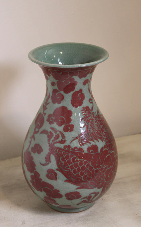 Vintage Red and Celadon Dragon Phoenix Porcelain Vase