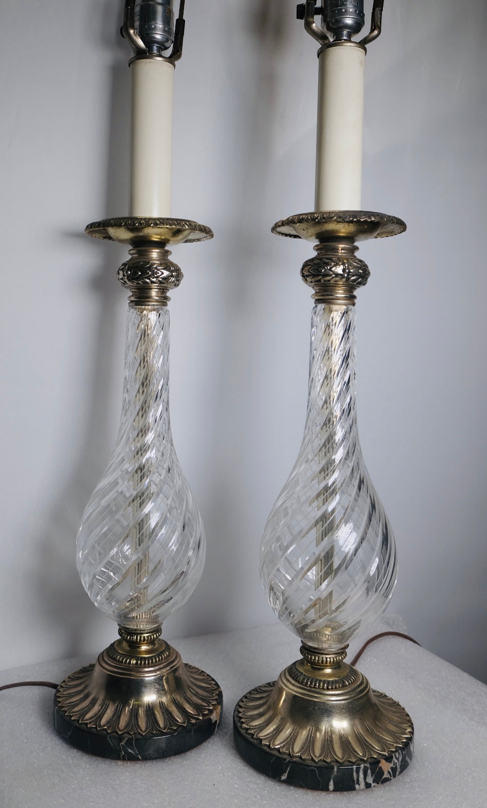 1970s Crystal Glass Genie Bottle Lamps (Pair/Vintage)