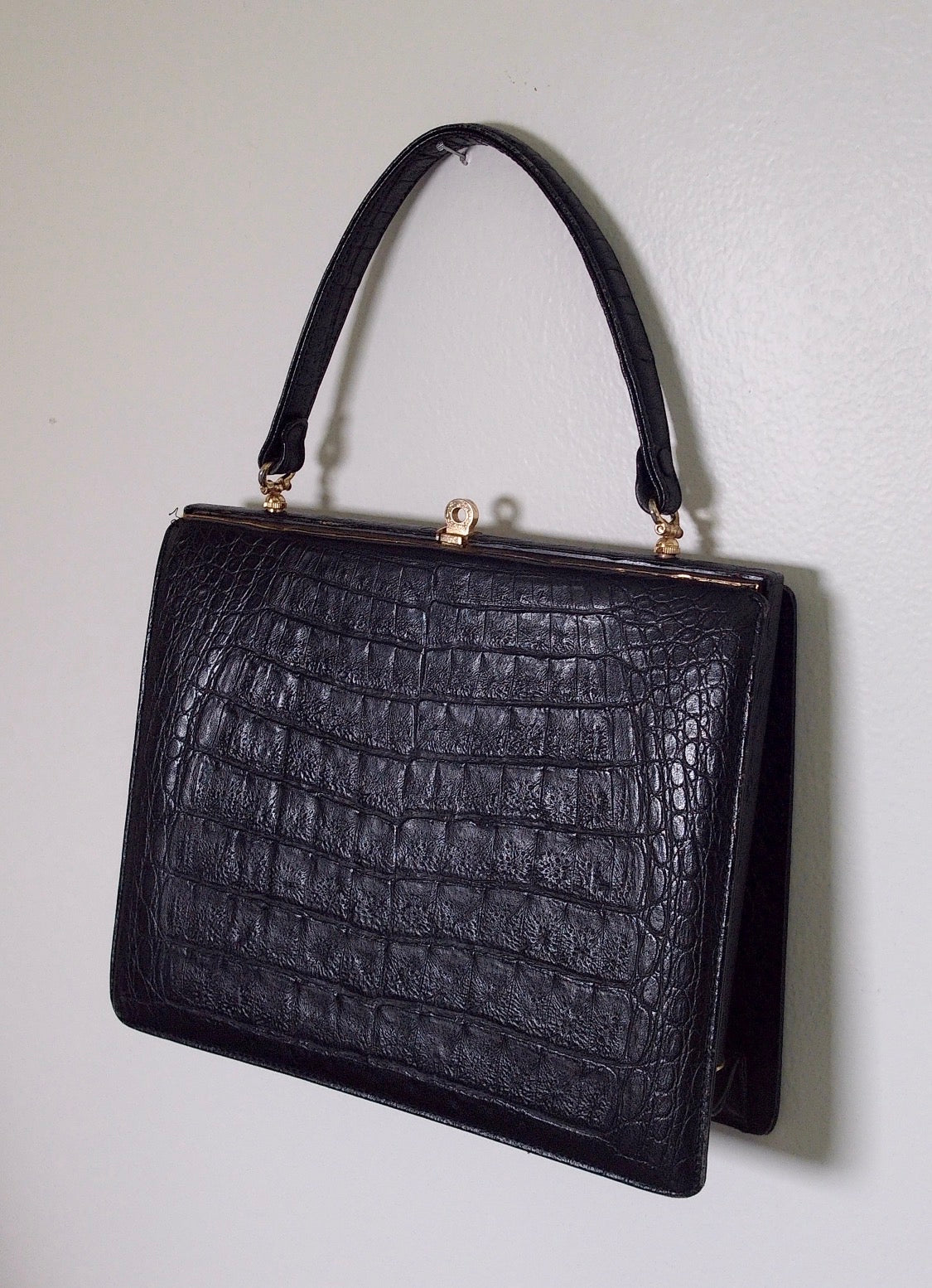 Pre Owned Black Genuine Crocodile-Embossed Leather Frame Bag | Wild Croco Embossment | Gold Hardware Kiss-Lock Handbag (VIntage)