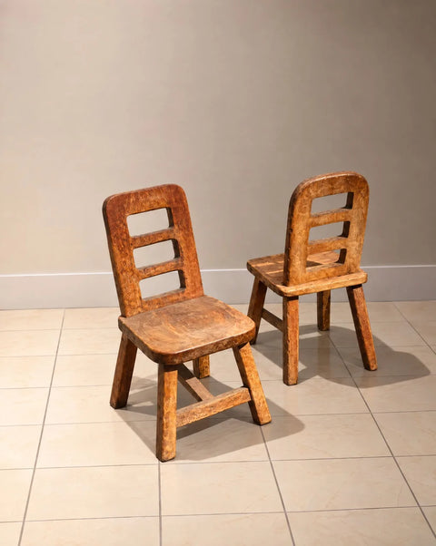 Rustic Primitive Wood Side Chairs with Cutout Backs – Pair