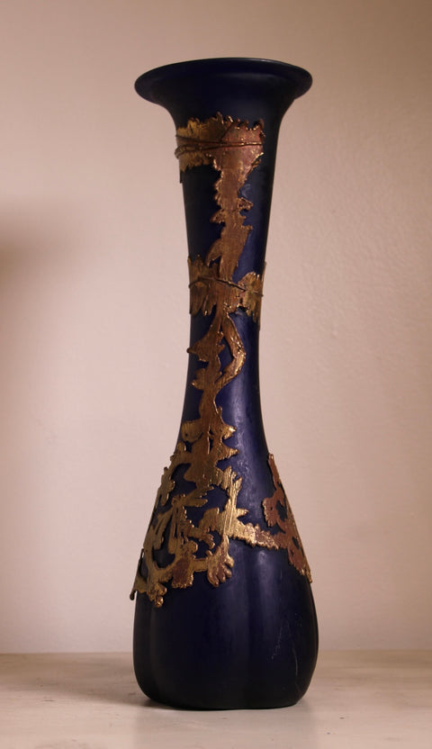 Vintage Cobalt Blue Vase with Gold Overlay Branch Decoration