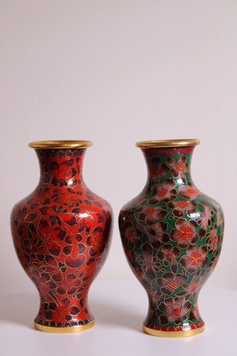 Pair of Vintage Chinese Cloisonné Floral Vase – Emerald Green Enamel