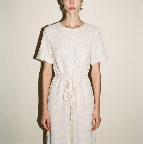 Vintage Cream Textured Tie-Front Dress — product detail