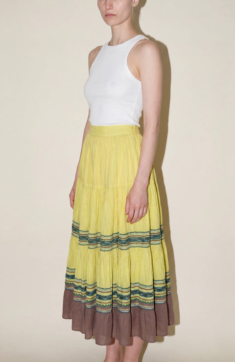 Vintage Yellow Tiered Prairie Midi Skirt