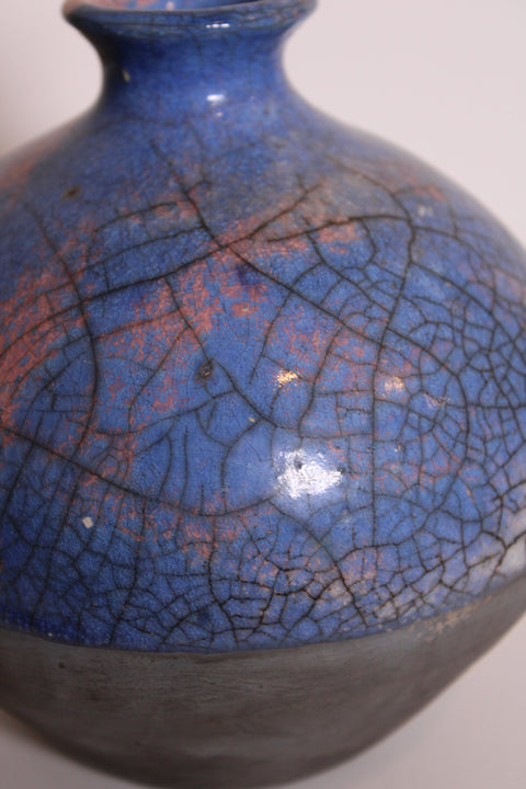 Signed Raku Studio Pottery Vessel in Cobalt & Black