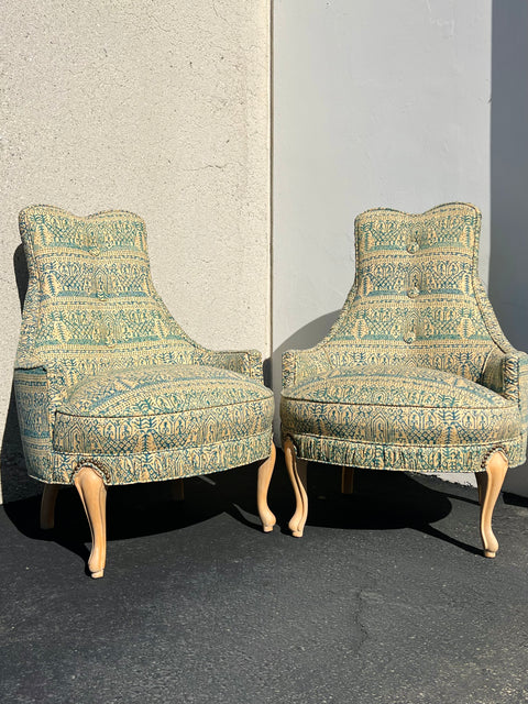 Vintage Pair of 1970s Mid-Century Regency Batik Fabric Chairs